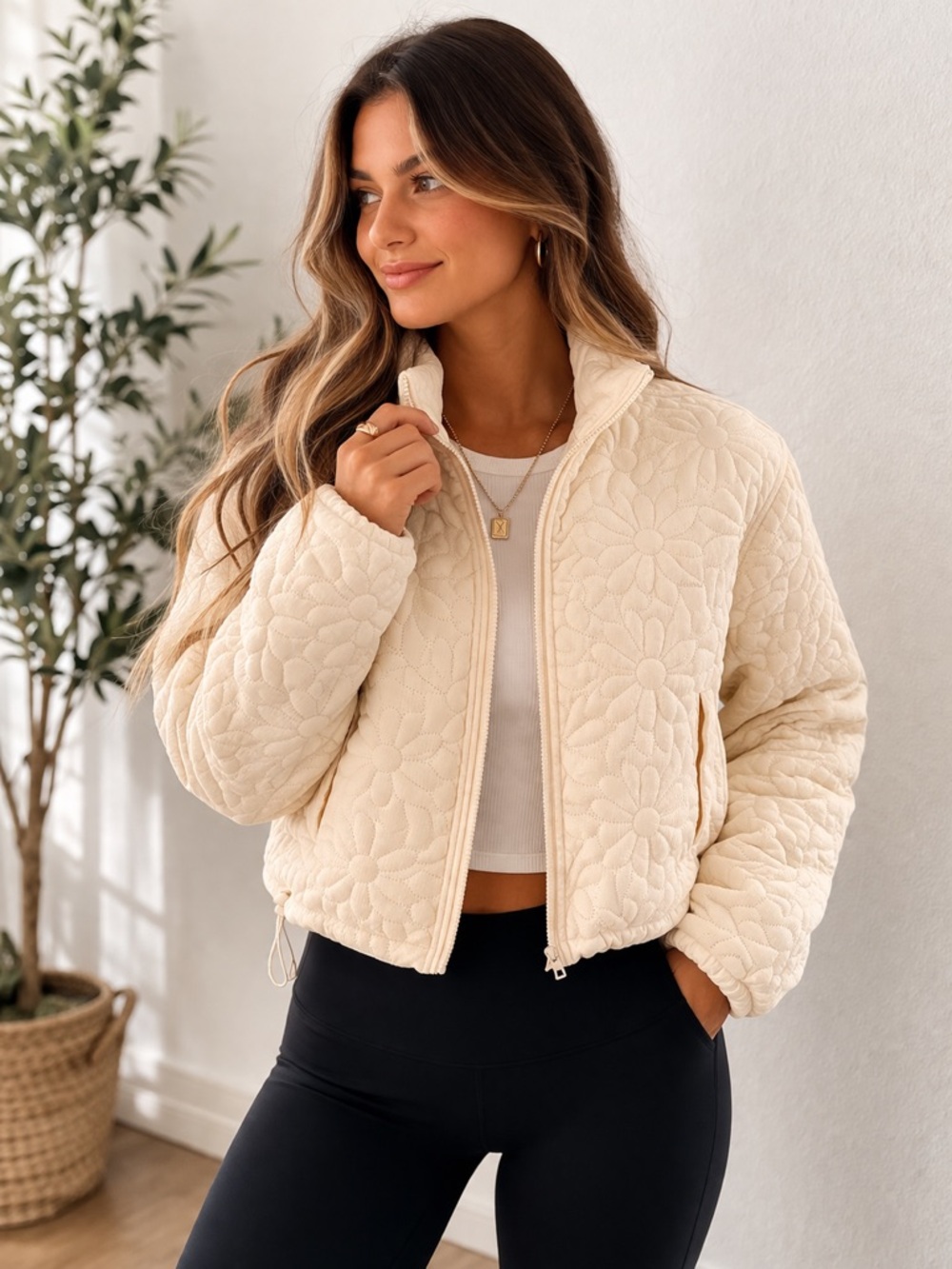 Cream Quilted Cropped Floral Stitched Jacket